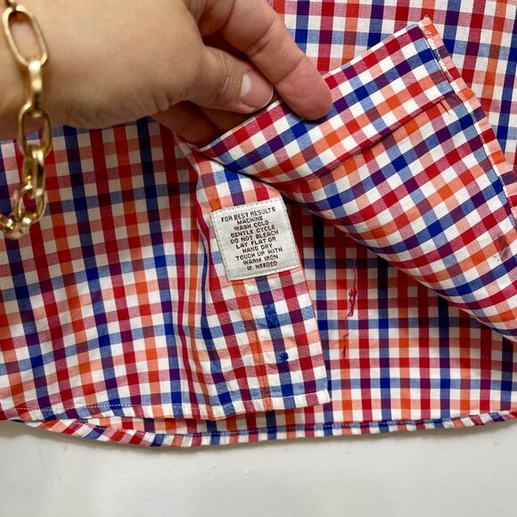 Peter Millar Red Blue & White Plaid Short Sleeve Button-Down Shirt Small Cotton - Picture 5 of 11